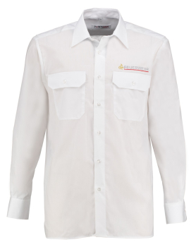 Das weiße langarm Feuerwehr Diensthemd ist tailliert geschnitten, bestickt mit Sauferlöwe+Stick Feuerwehr